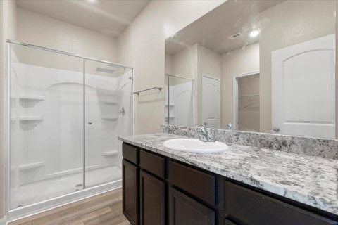 Full bath featuring vanity, a stall shower, light